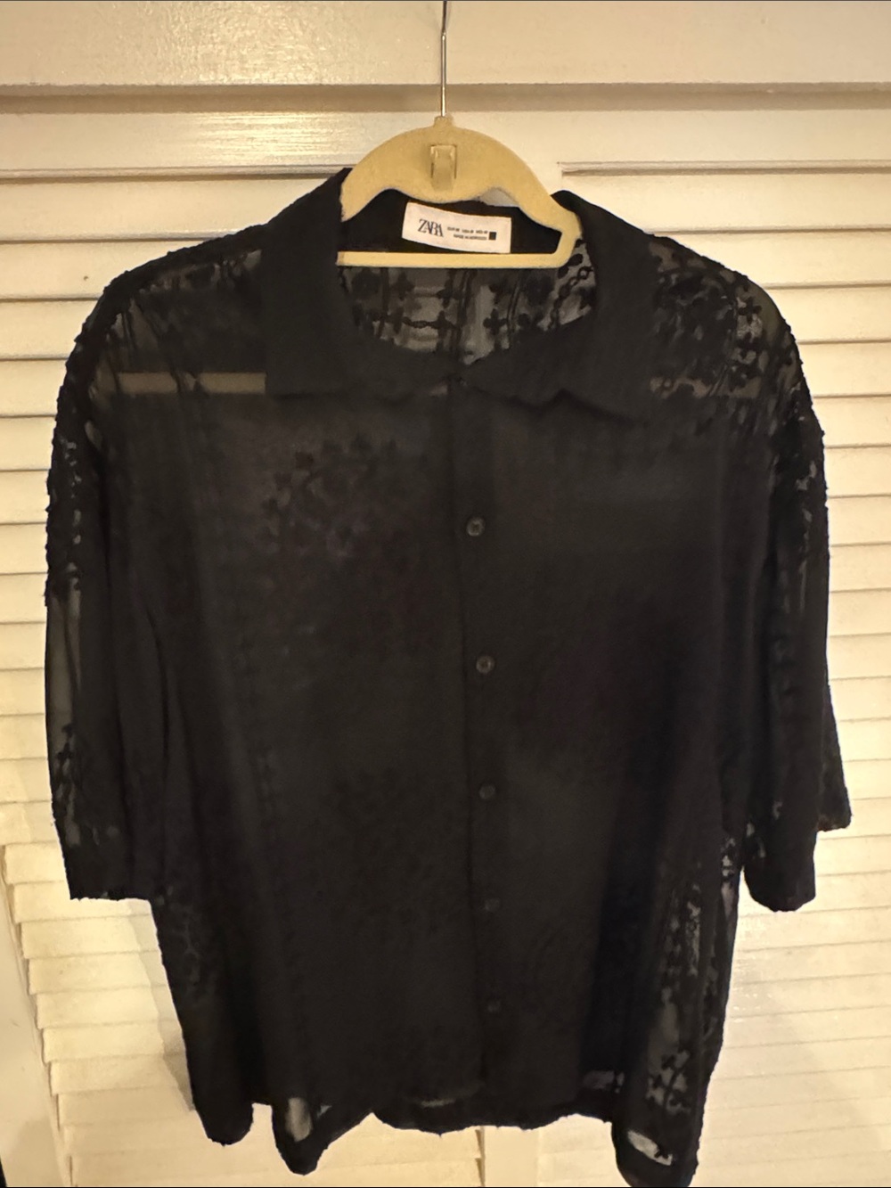 Zara Black Sheer Short-Sleeve Button-Down Shirt